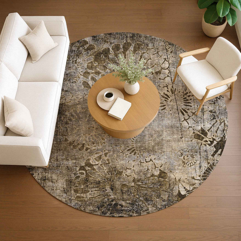 8' Brown And Beige Round Floral Washable Indoor Outdoor Area Rug