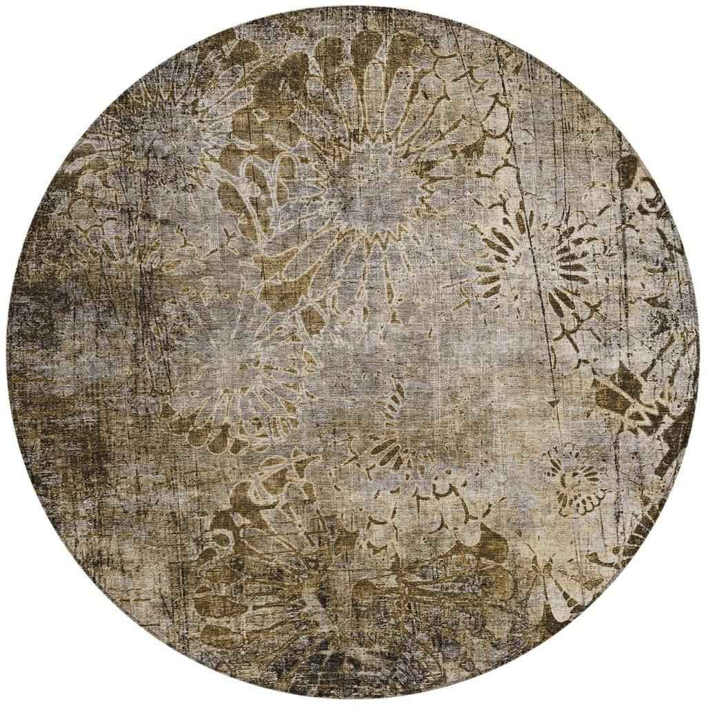 8' Brown And Beige Round Floral Washable Indoor Outdoor Area Rug