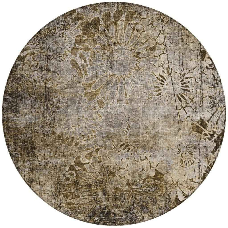 8' Brown And Beige Round Floral Washable Indoor Outdoor Area Rug
