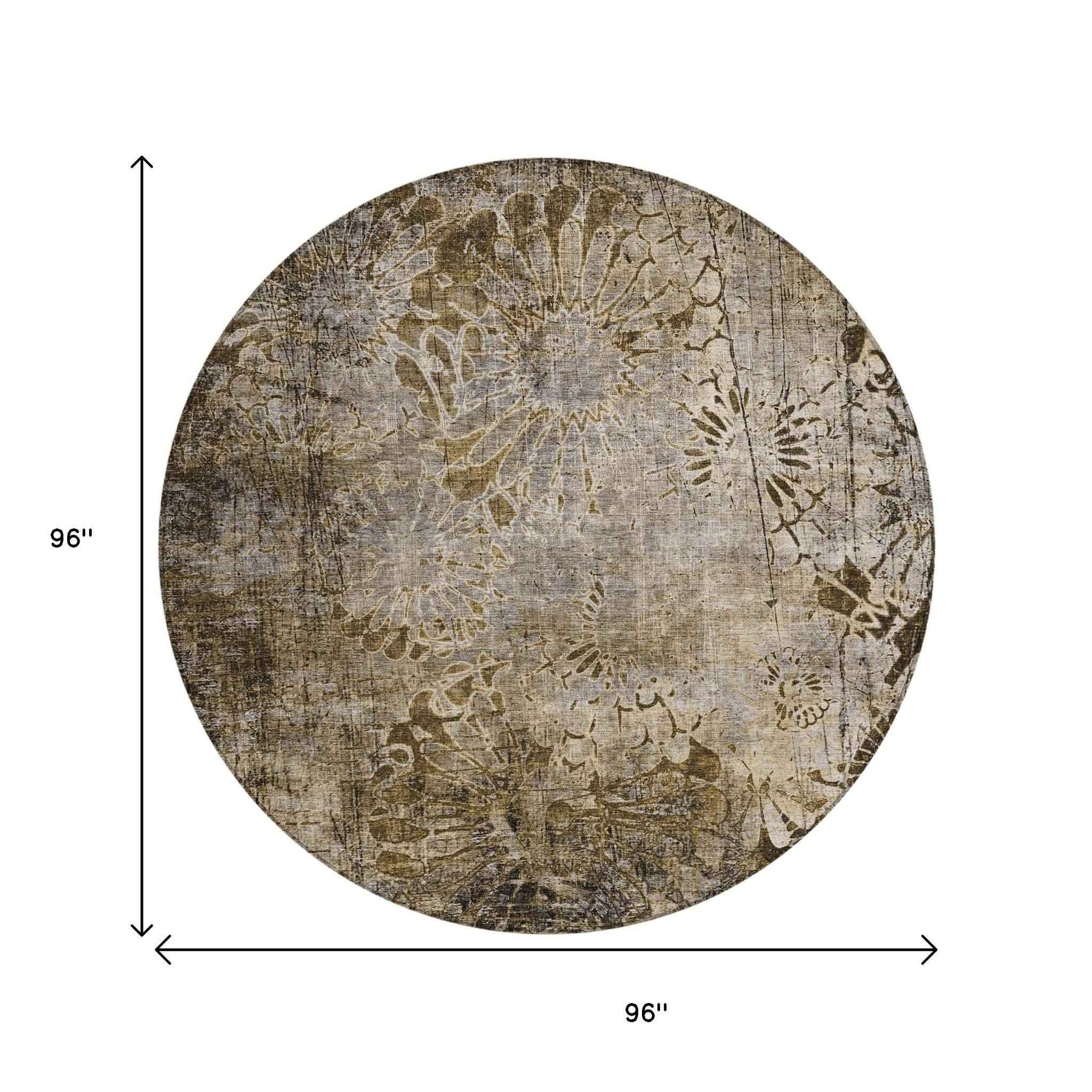 8' Brown And Beige Round Floral Washable Indoor Outdoor Area Rug