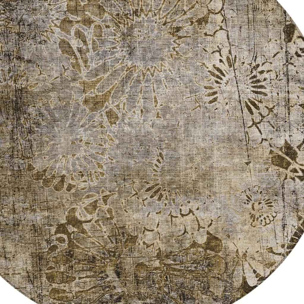 8' Brown And Beige Round Floral Washable Indoor Outdoor Area Rug