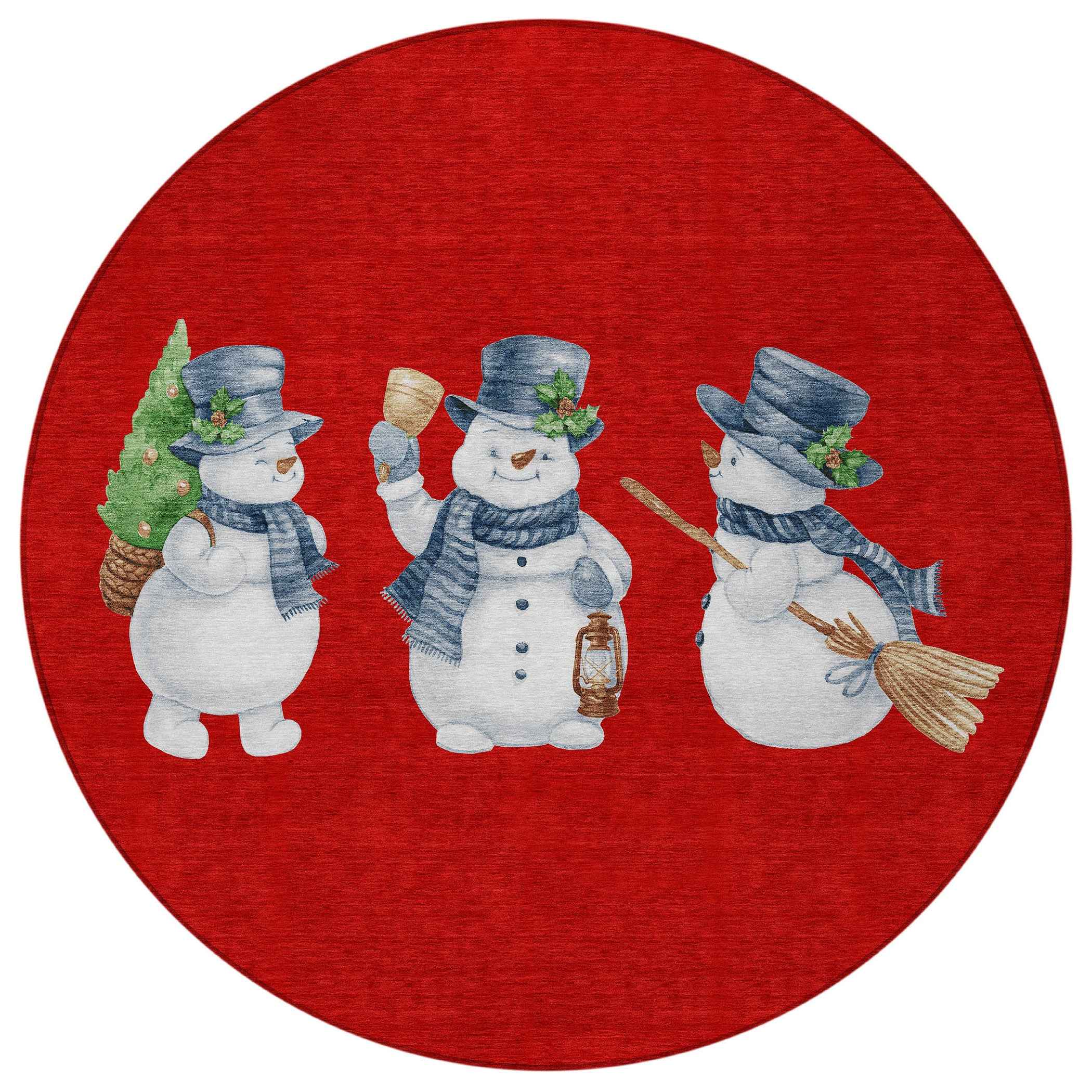 8' Red Denim Blue And Ivory Round Botanical Leaves Washable Indoor Outdoor Area Rug