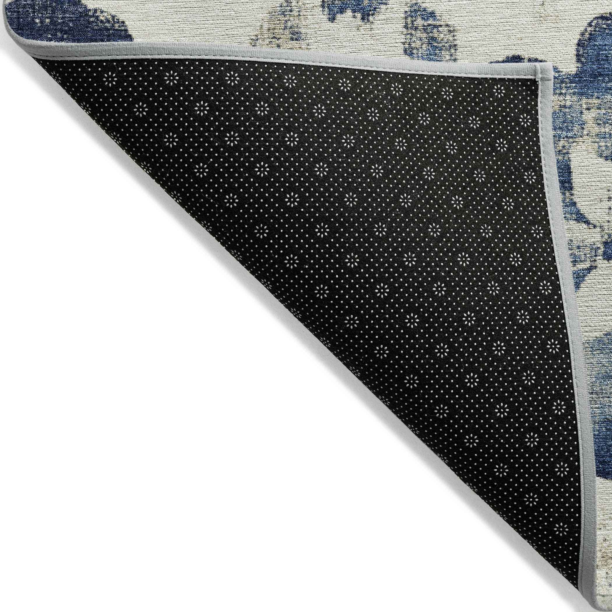 8' Navy Blue And Ivory Round Floral Washable Indoor Outdoor Area Rug