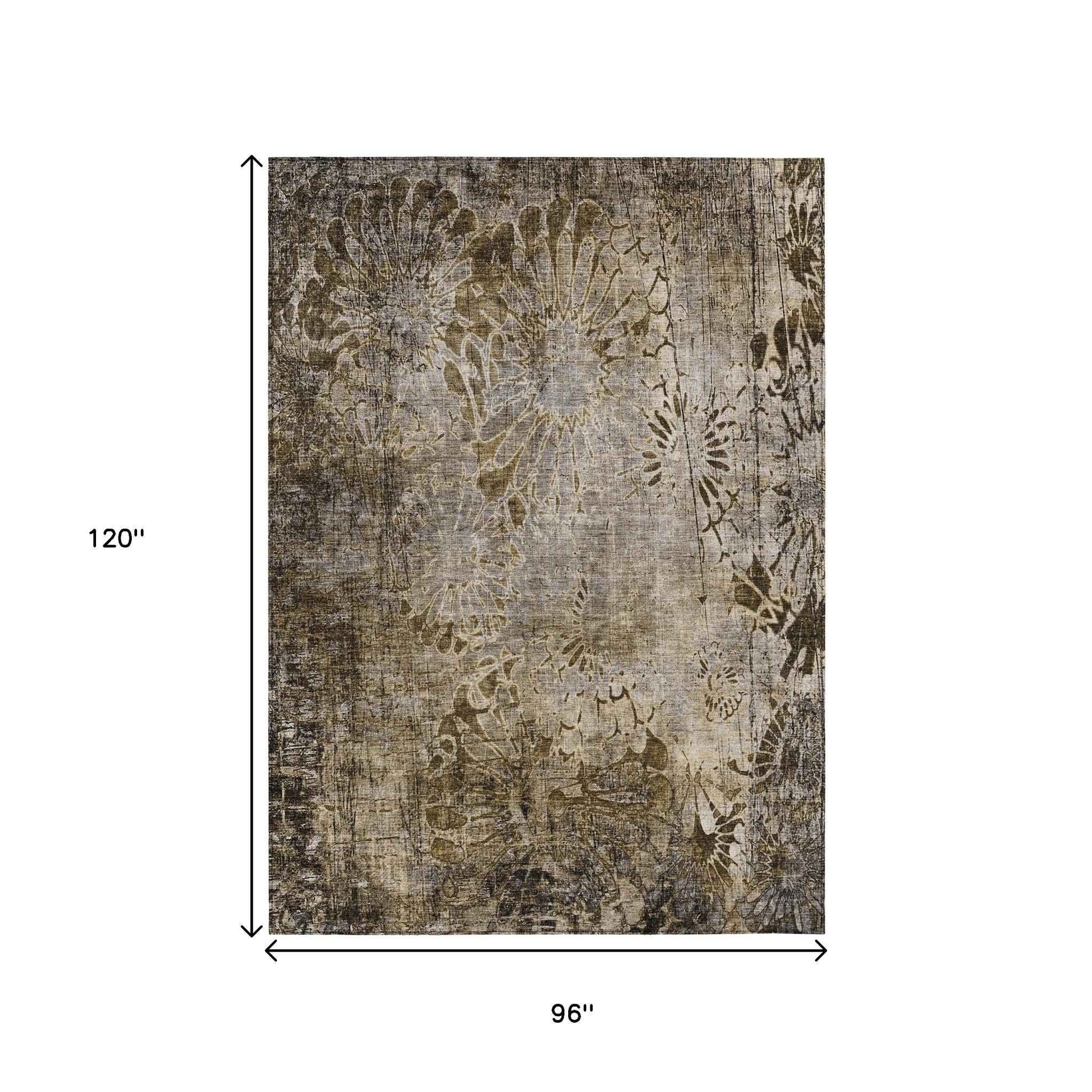 8' X 10' Brown And Beige Floral Washable Indoor Outdoor Area Rug