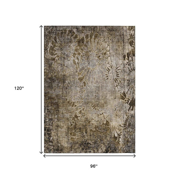 8' X 10' Brown And Beige Floral Washable Indoor Outdoor Area Rug