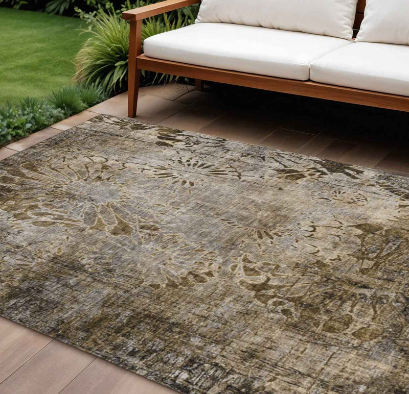 8' X 10' Brown And Beige Floral Washable Indoor Outdoor Area Rug
