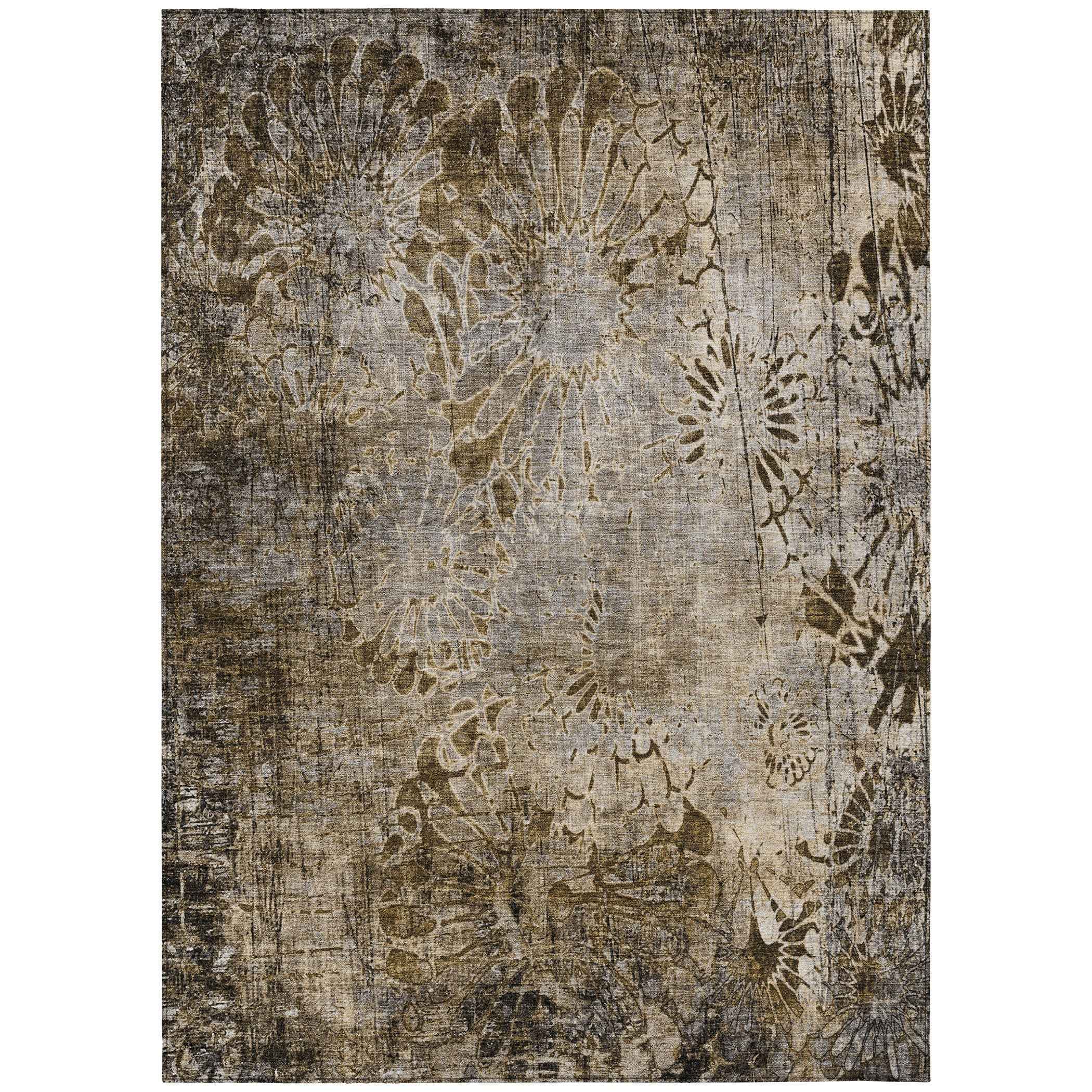 8' X 10' Brown And Beige Floral Washable Indoor Outdoor Area Rug