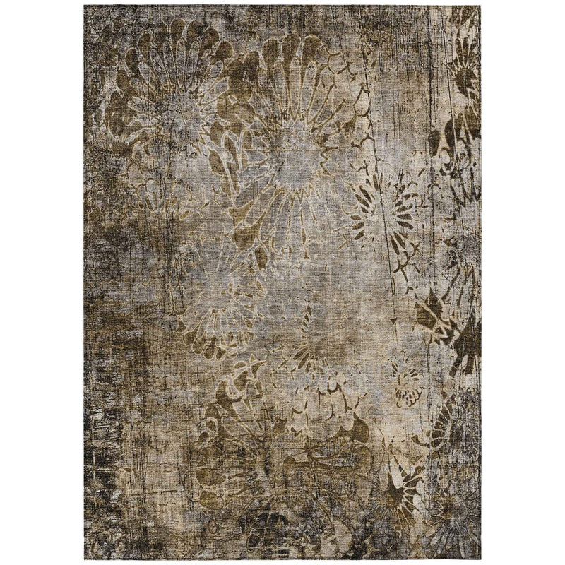 8' X 10' Brown And Beige Floral Washable Indoor Outdoor Area Rug