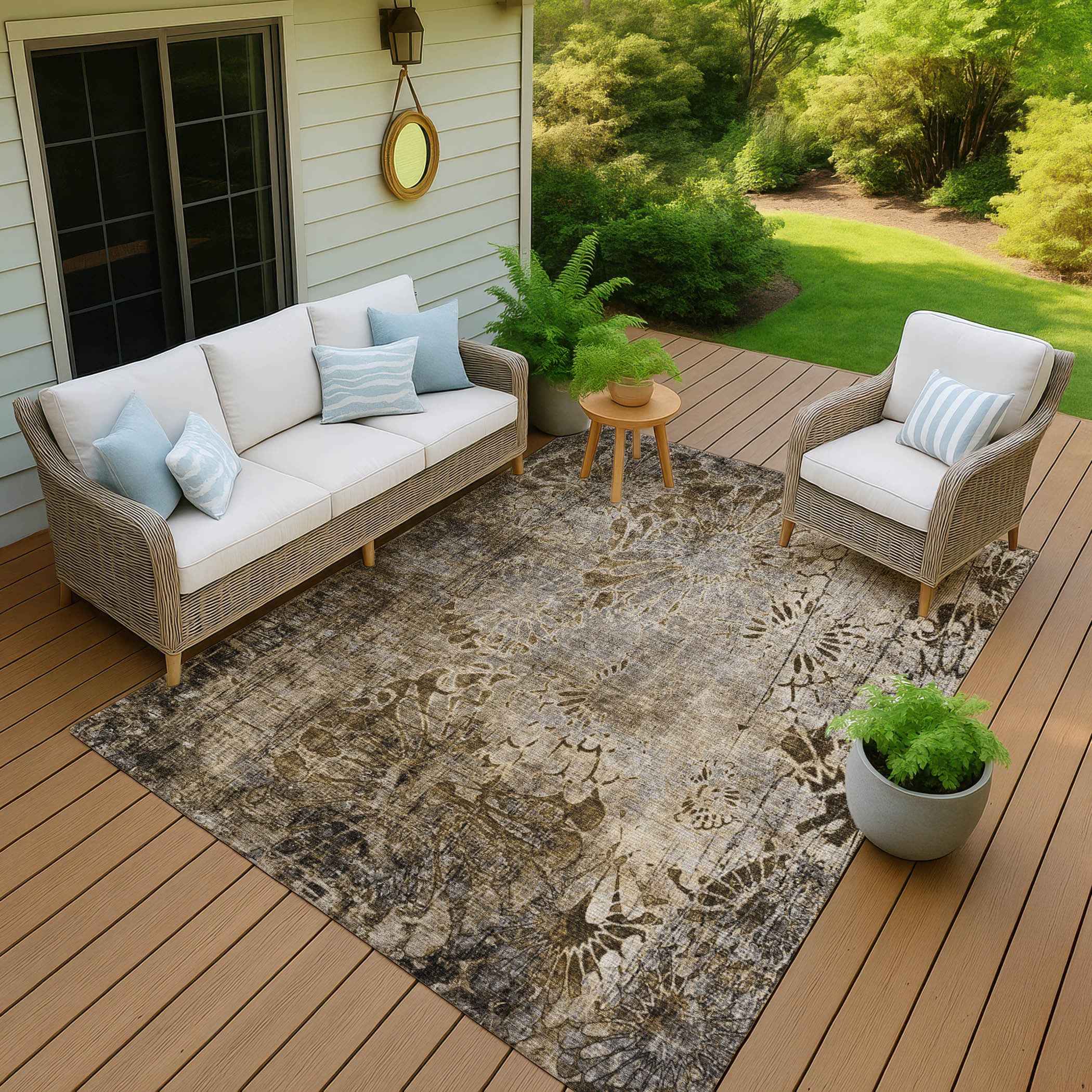 8' X 10' Brown And Beige Floral Washable Indoor Outdoor Area Rug