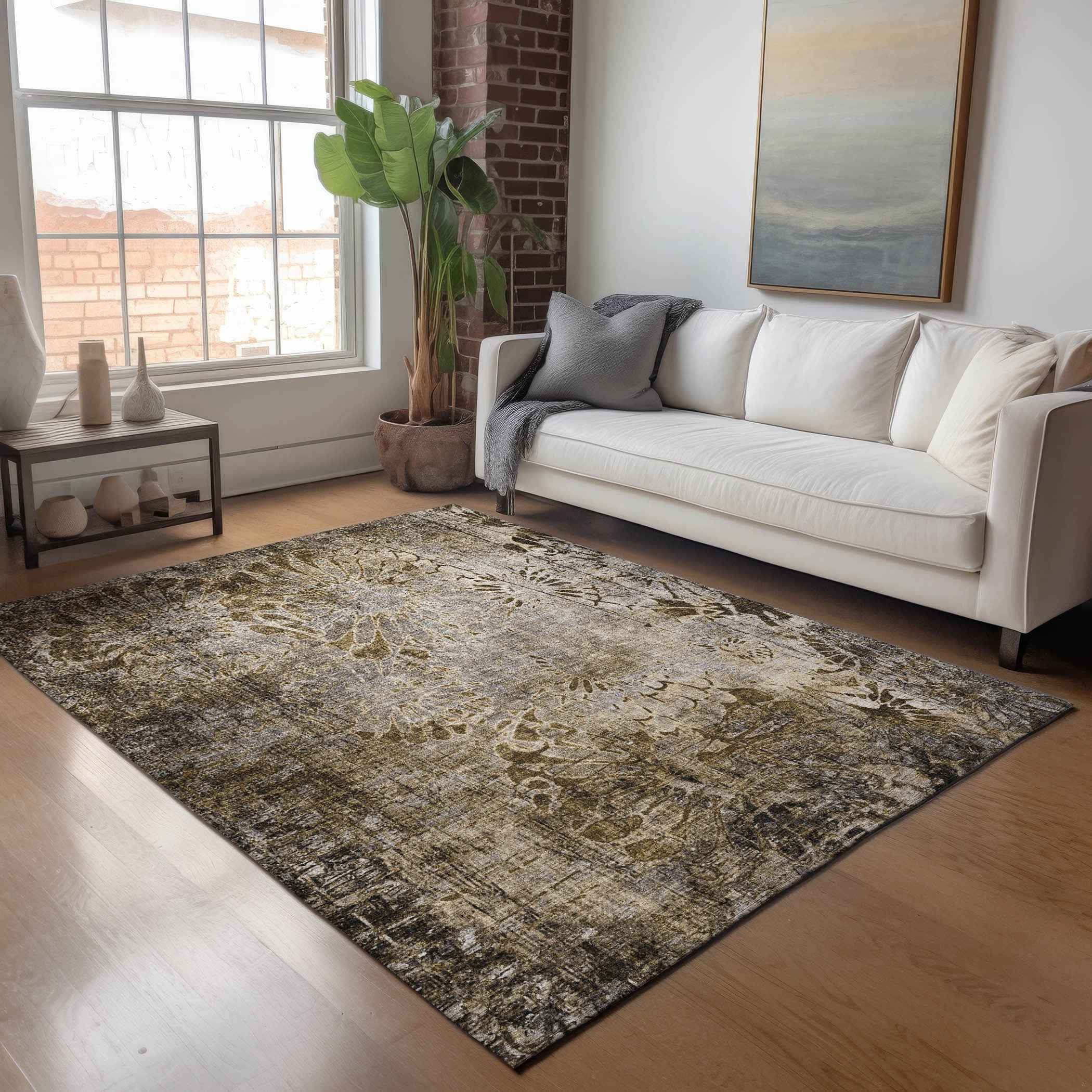8' X 10' Brown And Beige Floral Washable Indoor Outdoor Area Rug