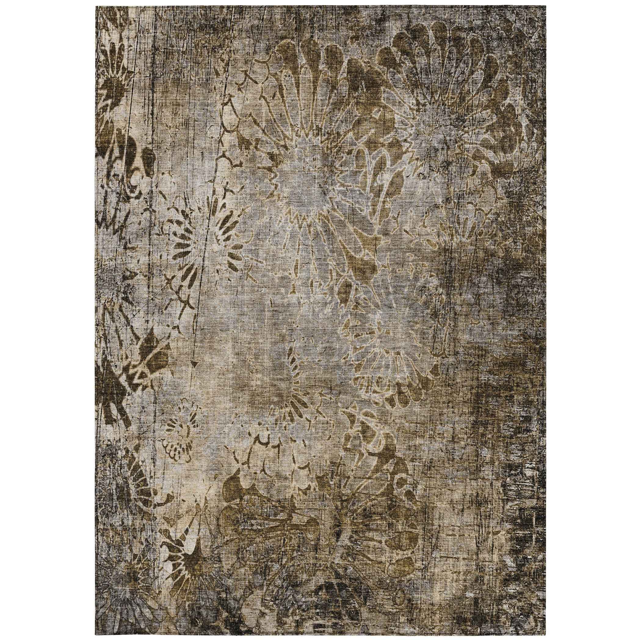 8' X 10' Brown And Beige Floral Washable Indoor Outdoor Area Rug