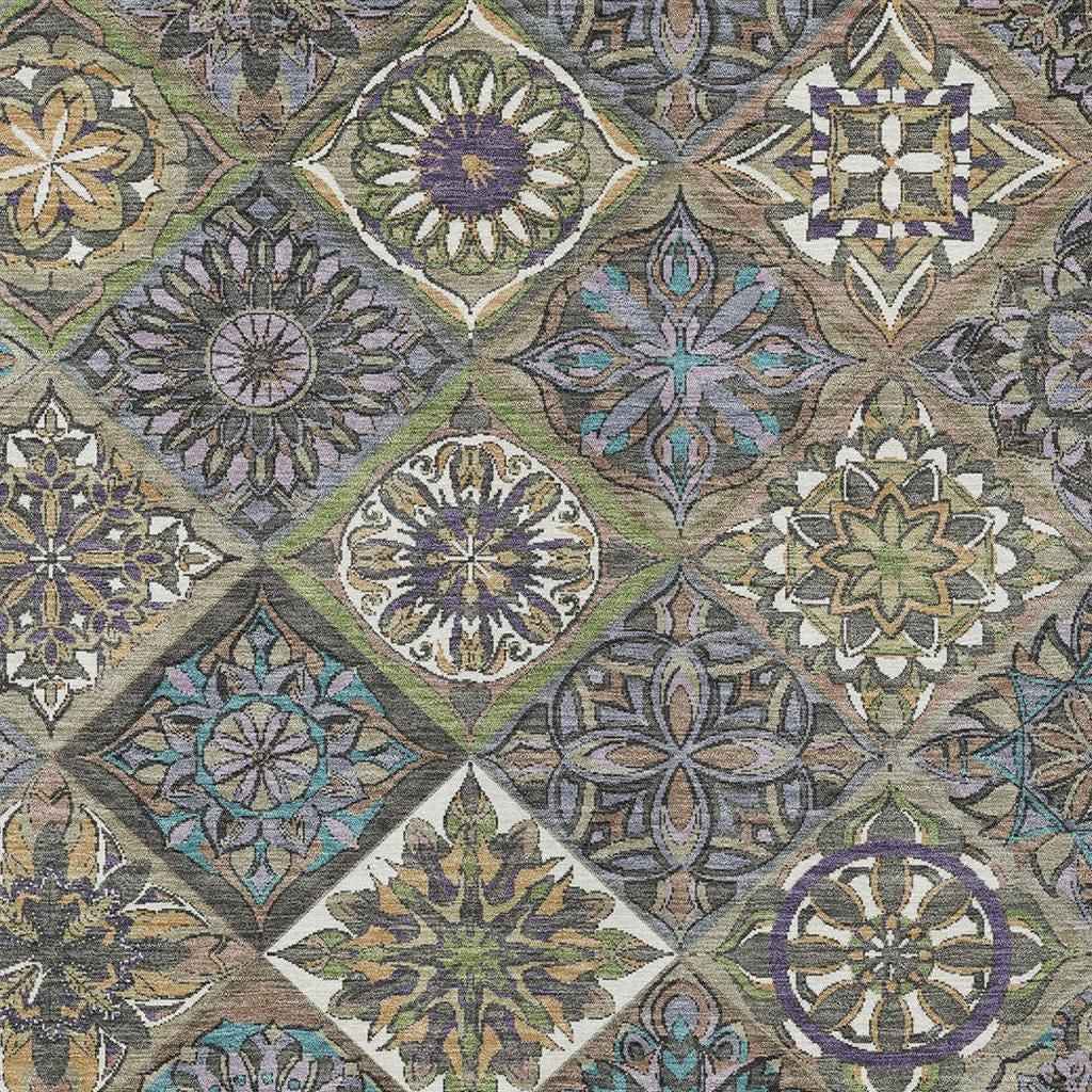 10' X 14' Taupe And Green Patchwork Washable Indoor Outdoor Area Rug