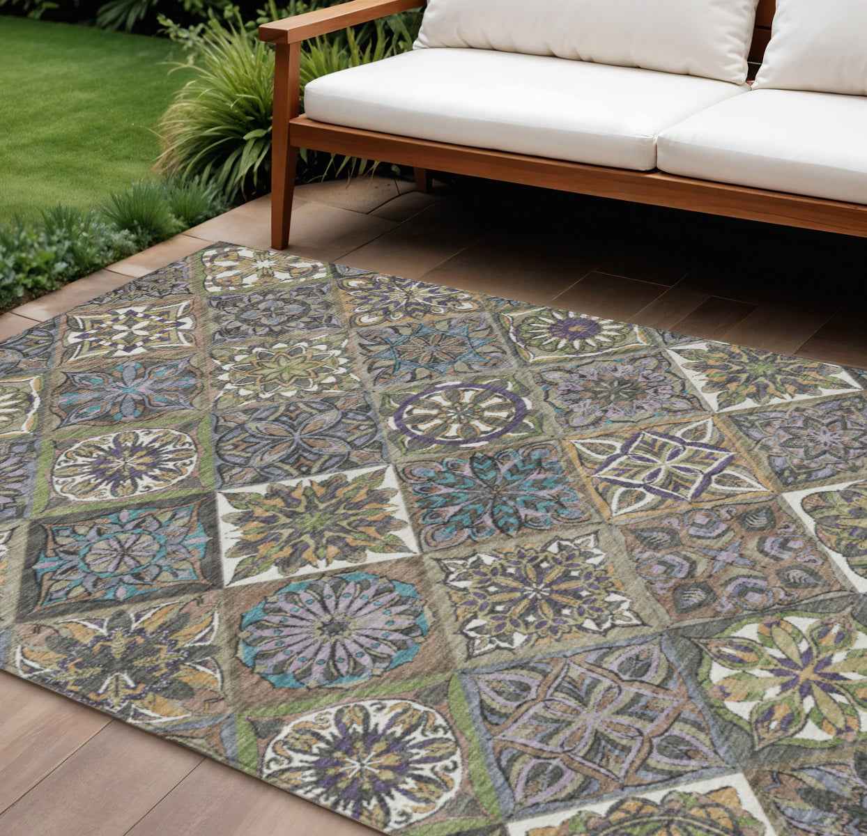 10' X 14' Taupe And Green Patchwork Washable Indoor Outdoor Area Rug