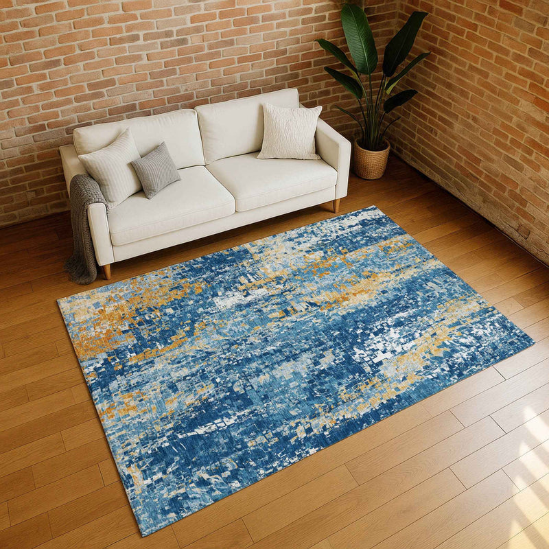5' X 8' Navy Blue Gold And Ivory Abstract Washable Indoor Outdoor Area Rug