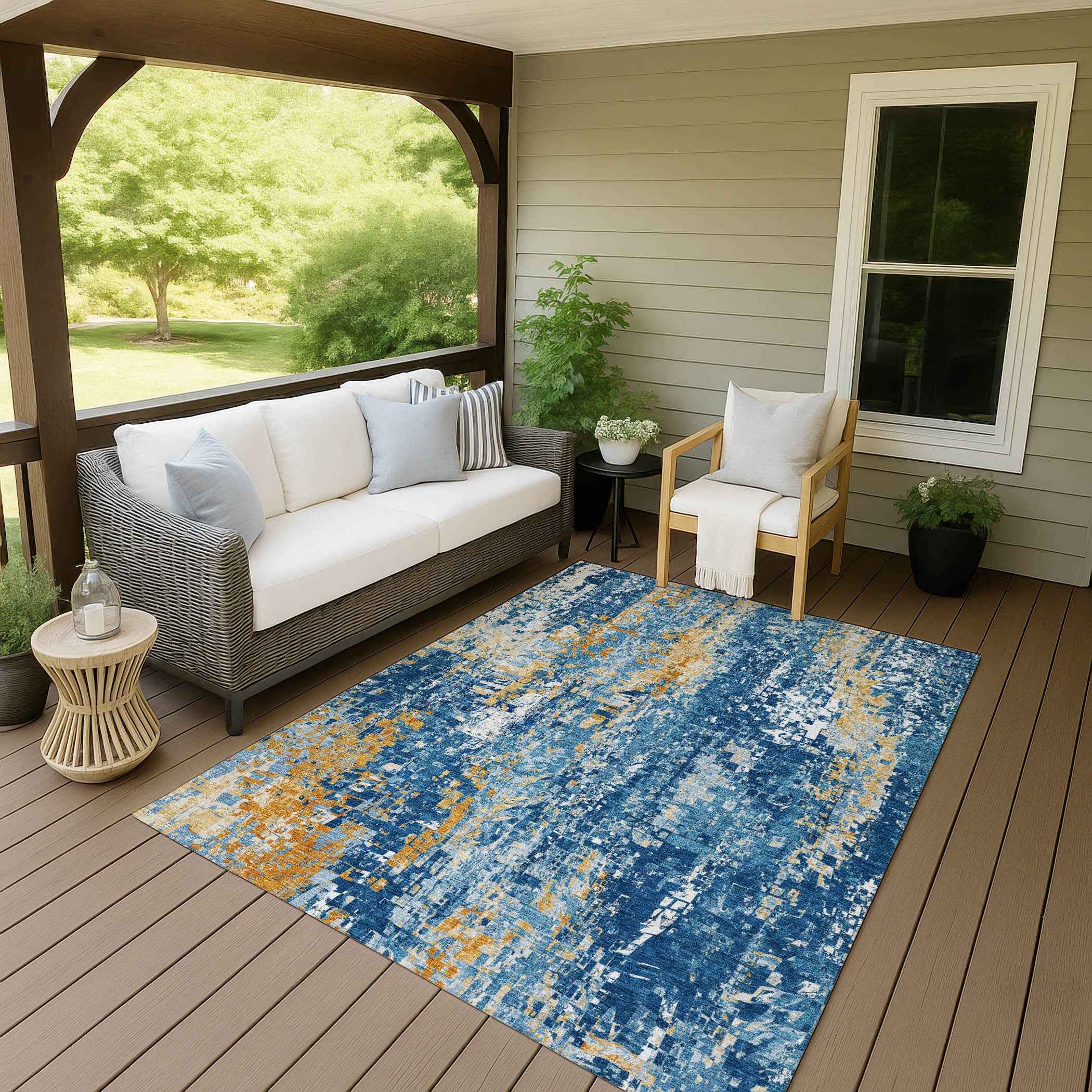 5' X 8' Navy Blue Gold And Ivory Abstract Washable Indoor Outdoor Area Rug