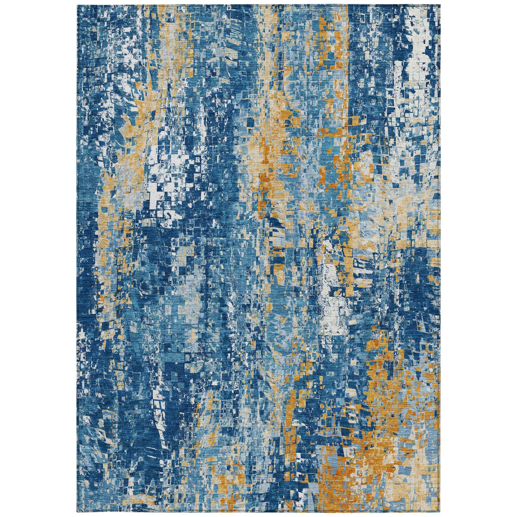 5' X 8' Navy Blue Gold And Ivory Abstract Washable Indoor Outdoor Area Rug