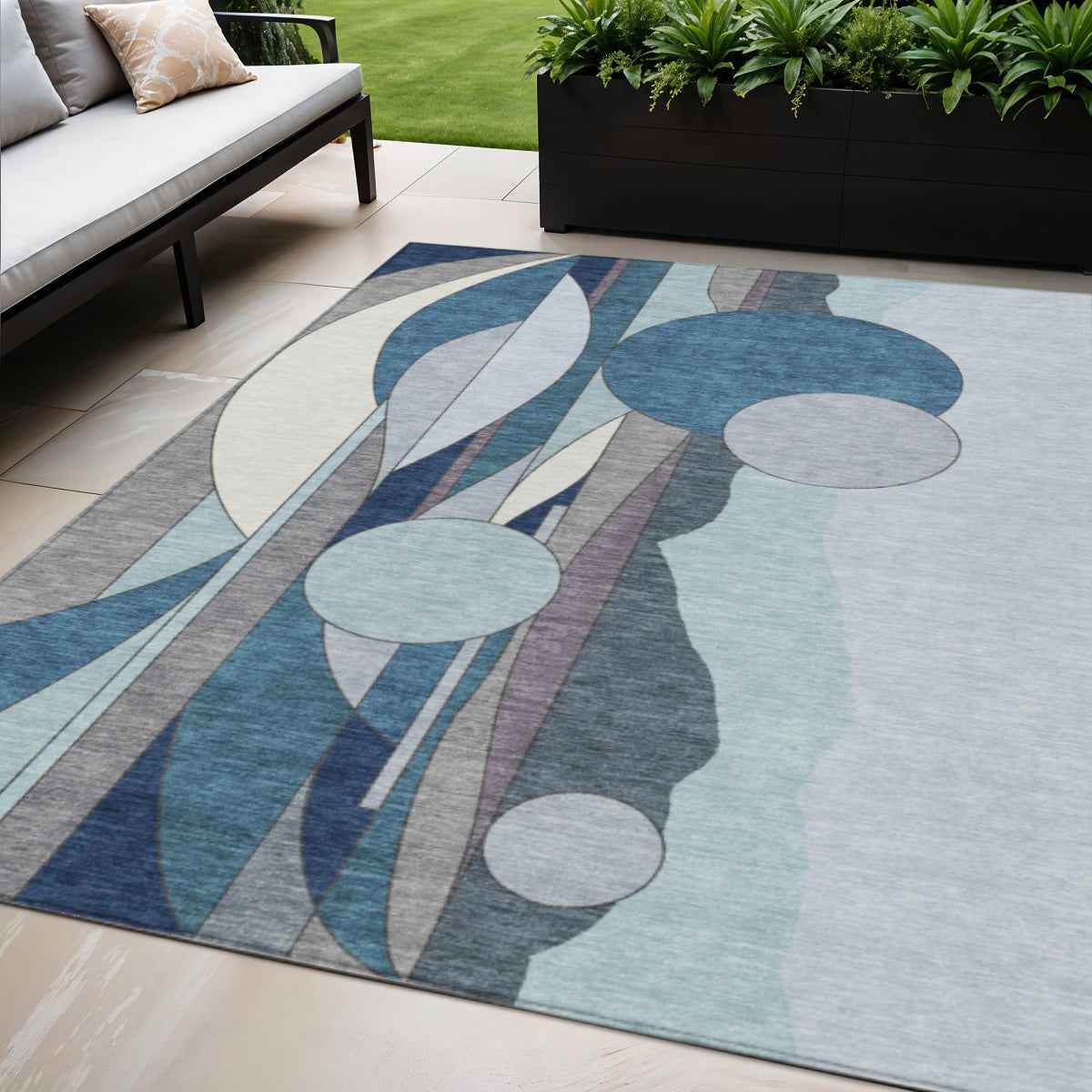 5' X 8' Blue And Ivory Geometric Washable Indoor Outdoor Area Rug