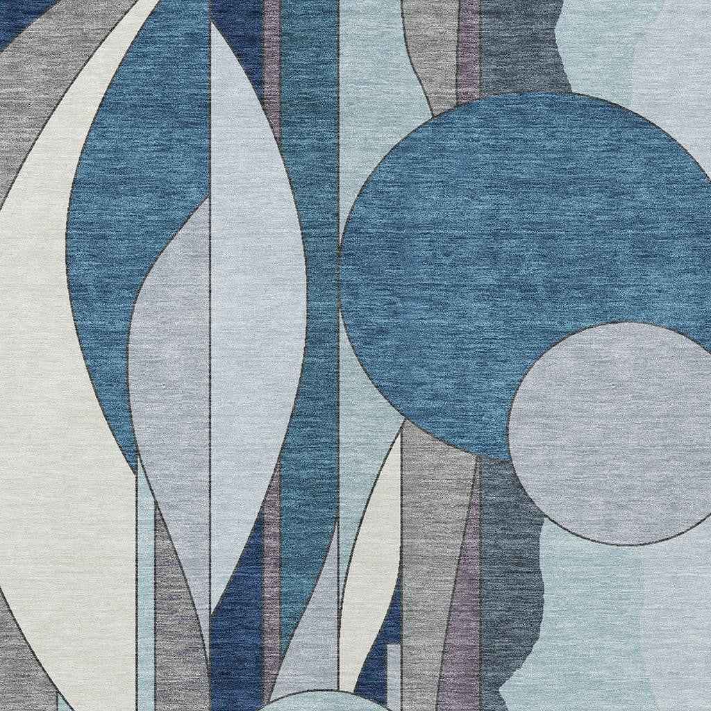5' X 8' Blue And Ivory Geometric Washable Indoor Outdoor Area Rug
