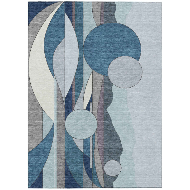 5' X 8' Blue And Ivory Geometric Washable Indoor Outdoor Area Rug
