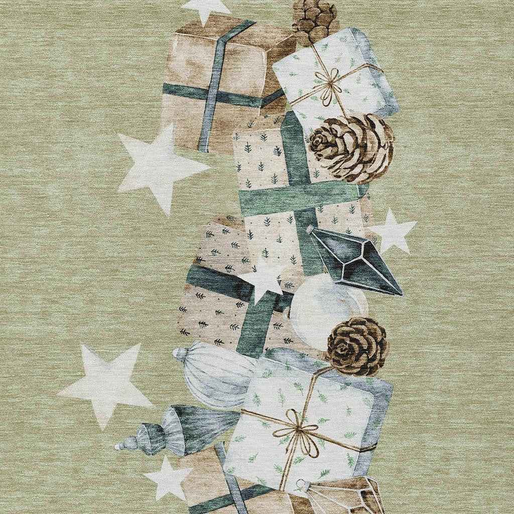 9' X 12' Artichoke Green Beige Ivory And Taupe Geometric Washable Indoor Outdoor Area Rug