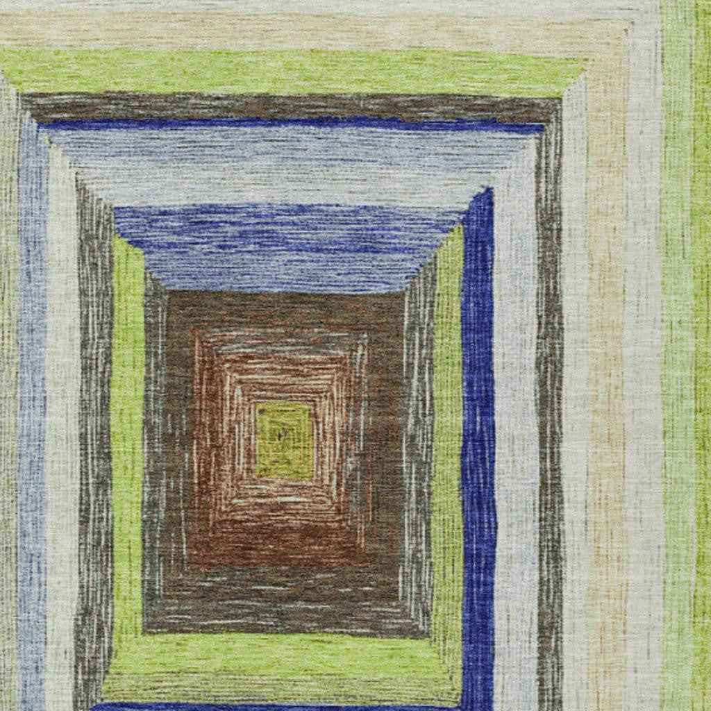 8' X 10' Lime Green Navy Blue And Brown Geometric Washable Indoor Outdoor Area Rug