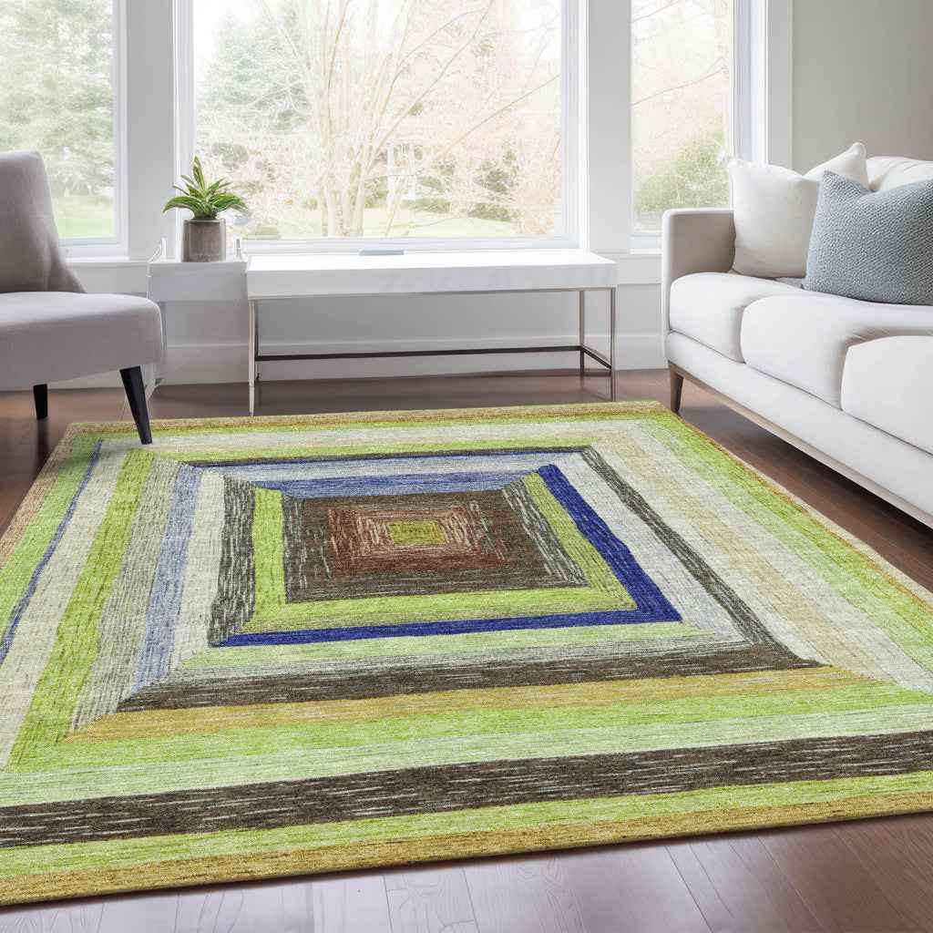 8' X 10' Lime Green Navy Blue And Brown Geometric Washable Indoor Outdoor Area Rug