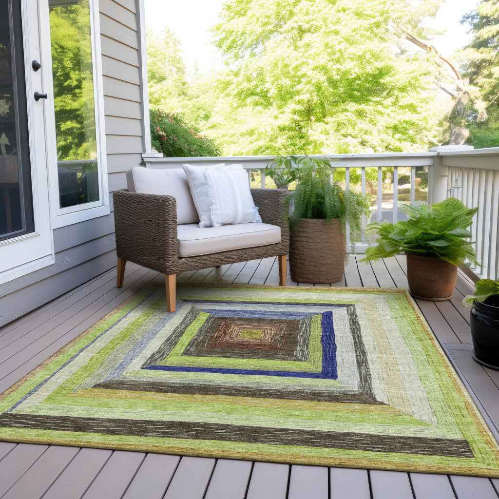 8' X 10' Lime Green Navy Blue And Brown Geometric Washable Indoor Outdoor Area Rug