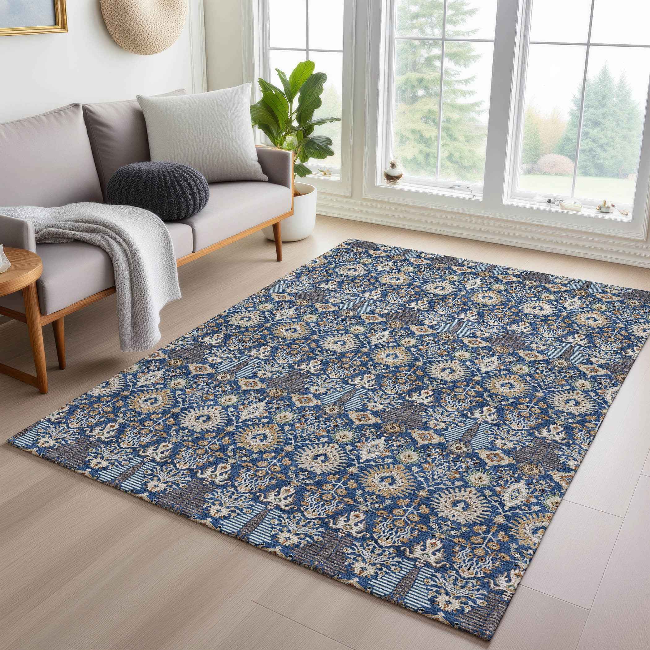 9' X 12' Navy Blue And Ivory Floral Washable Indoor Outdoor Area Rug