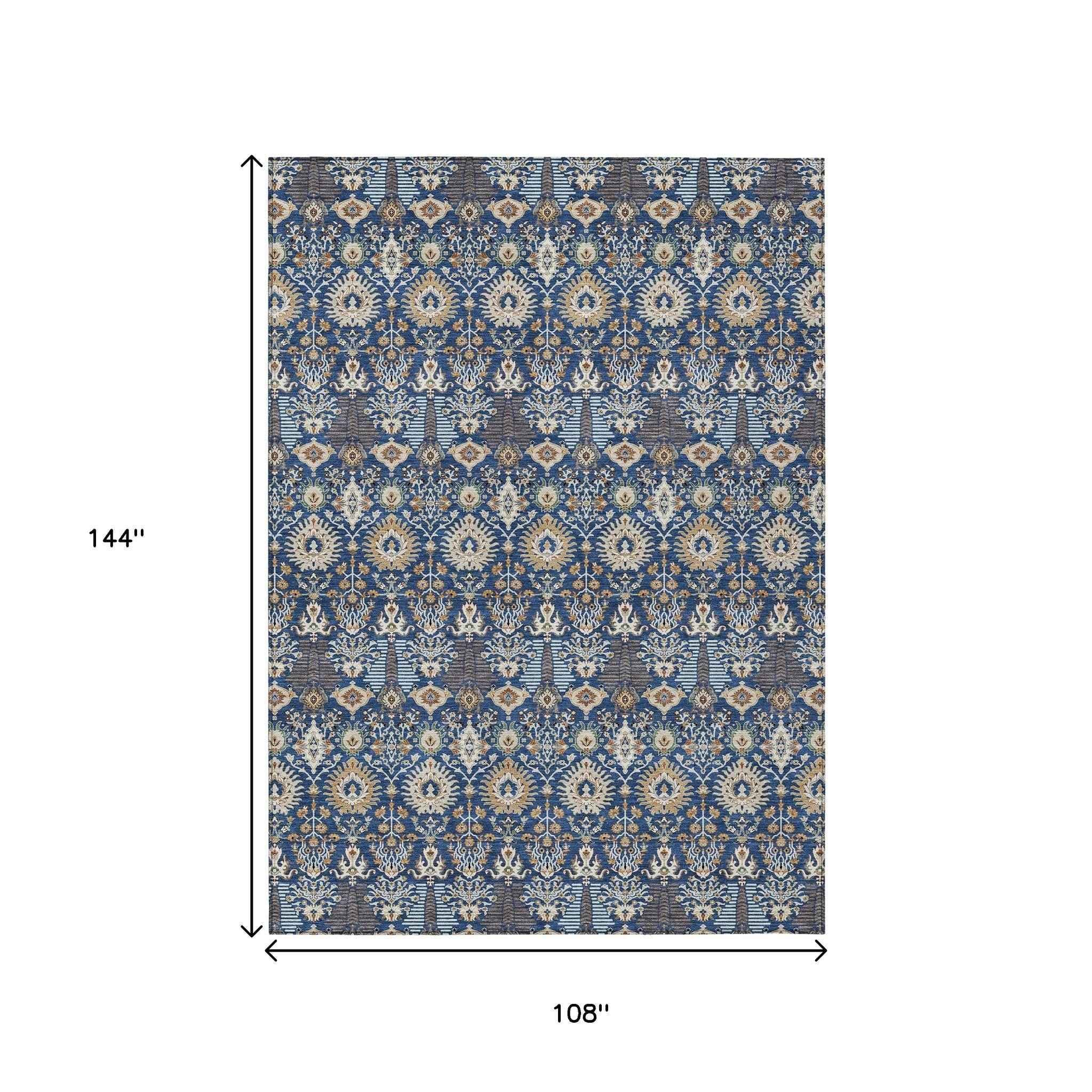 9' X 12' Navy Blue And Ivory Floral Washable Indoor Outdoor Area Rug