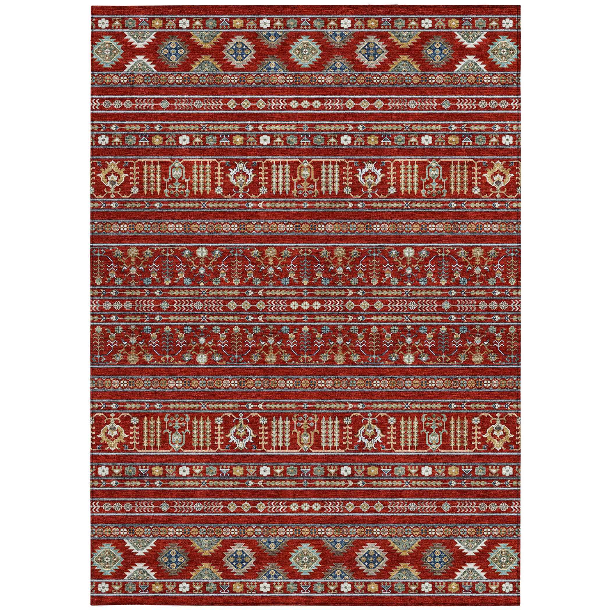 3' X 5' Red Gold And Blue Tribal Washable Indoor Outdoor Area Rug
