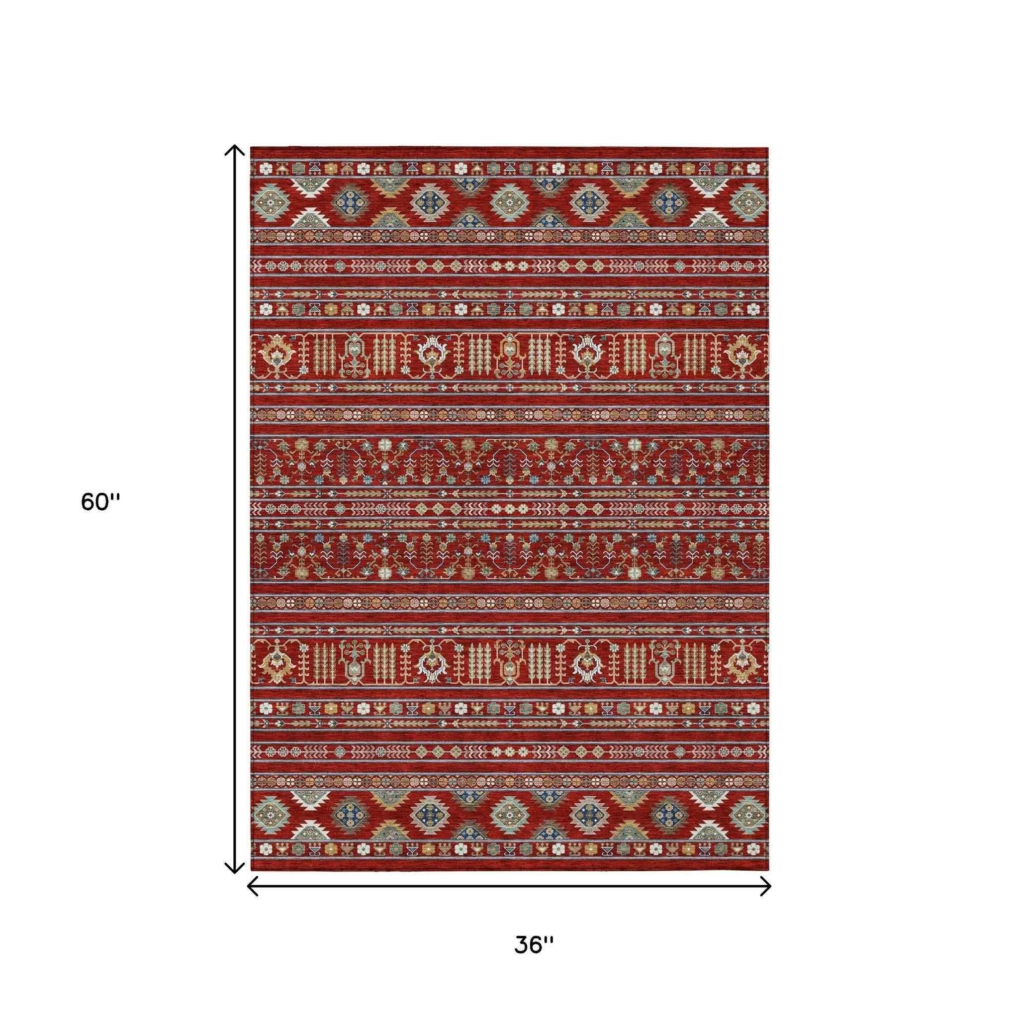 3' X 5' Red Gold And Blue Tribal Washable Indoor Outdoor Area Rug