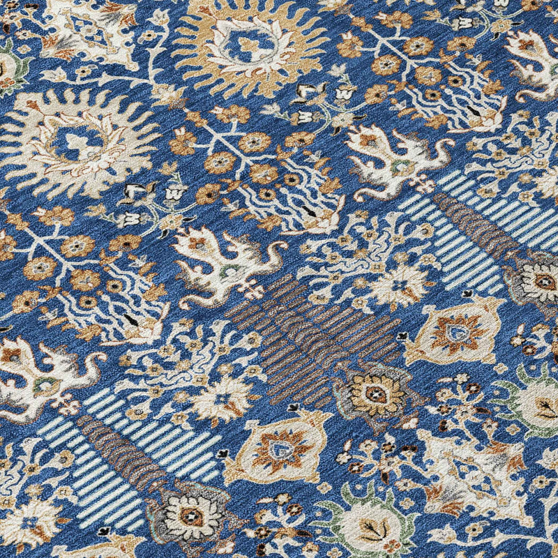 9' X 12' Navy Blue And Ivory Floral Washable Indoor Outdoor Area Rug