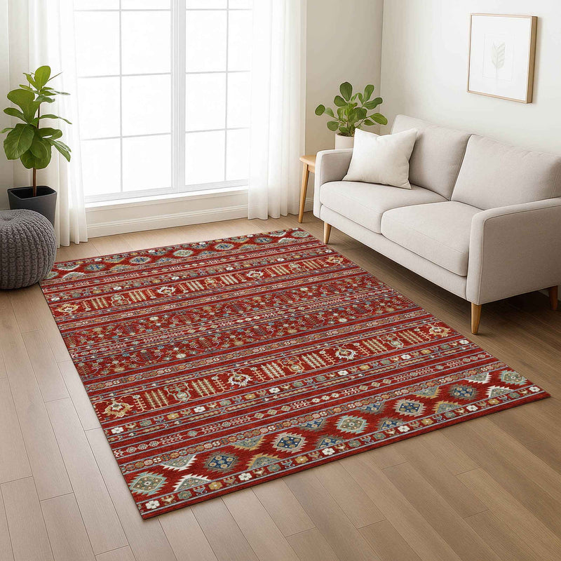 3' X 5' Red Gold And Blue Tribal Washable Indoor Outdoor Area Rug