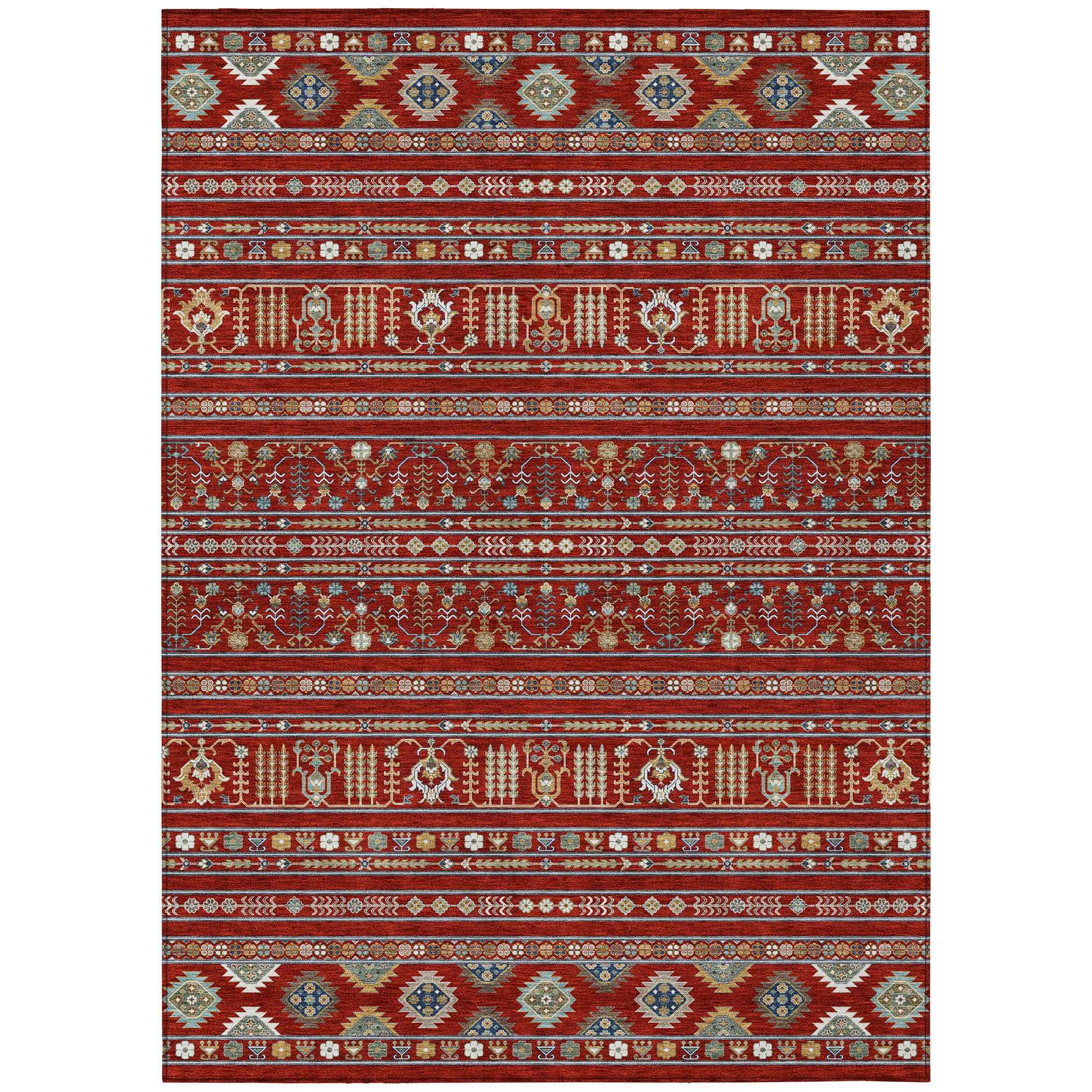 10' X 14' Red Gold And Blue Tribal Washable Indoor Outdoor Area Rug