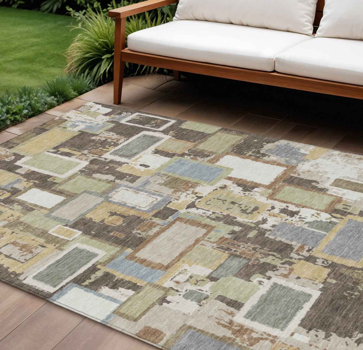 9' X 12' Brown Ivory And Gray Geometric Washable Indoor Outdoor Area Rug