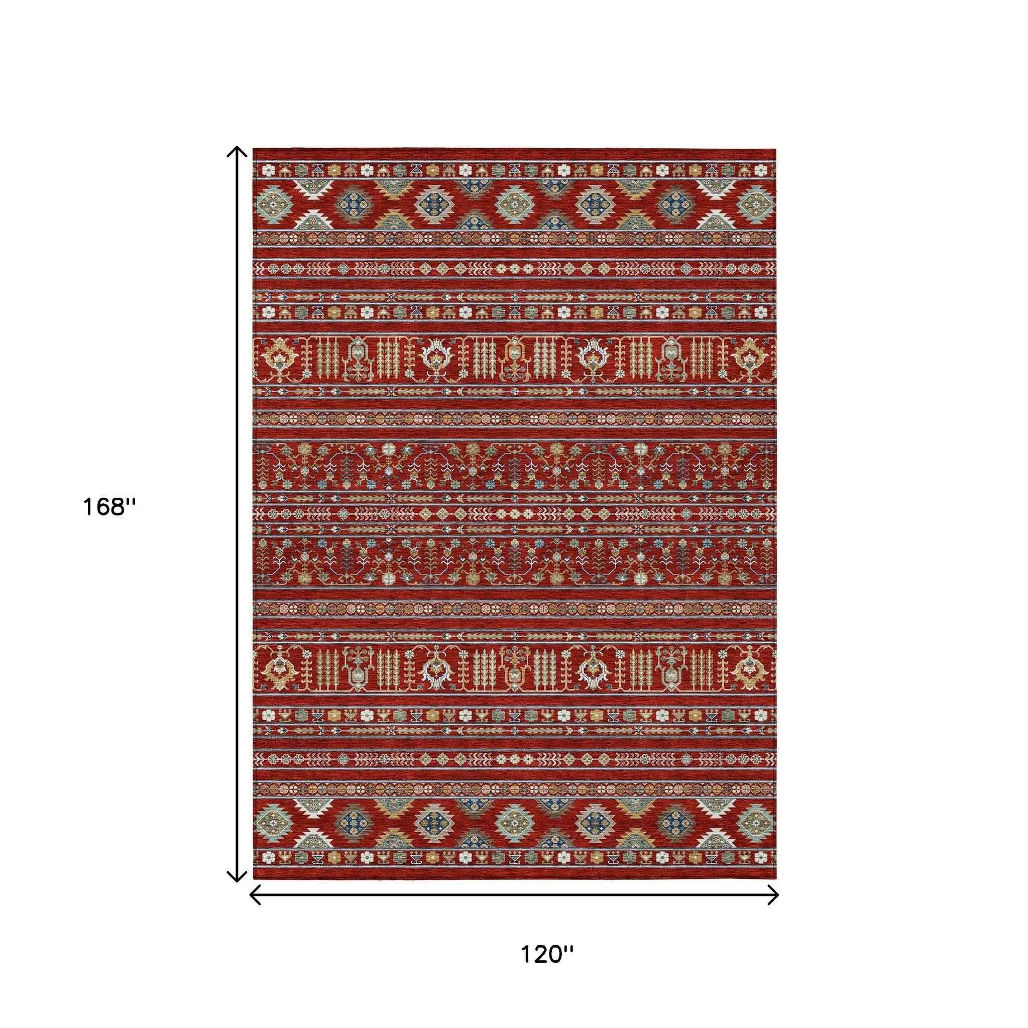 10' X 14' Red Gold And Blue Tribal Washable Indoor Outdoor Area Rug