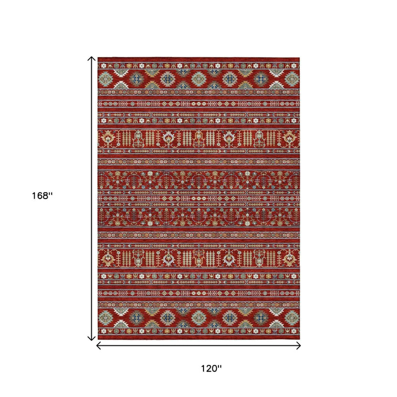 10' X 14' Red Gold And Blue Tribal Washable Indoor Outdoor Area Rug