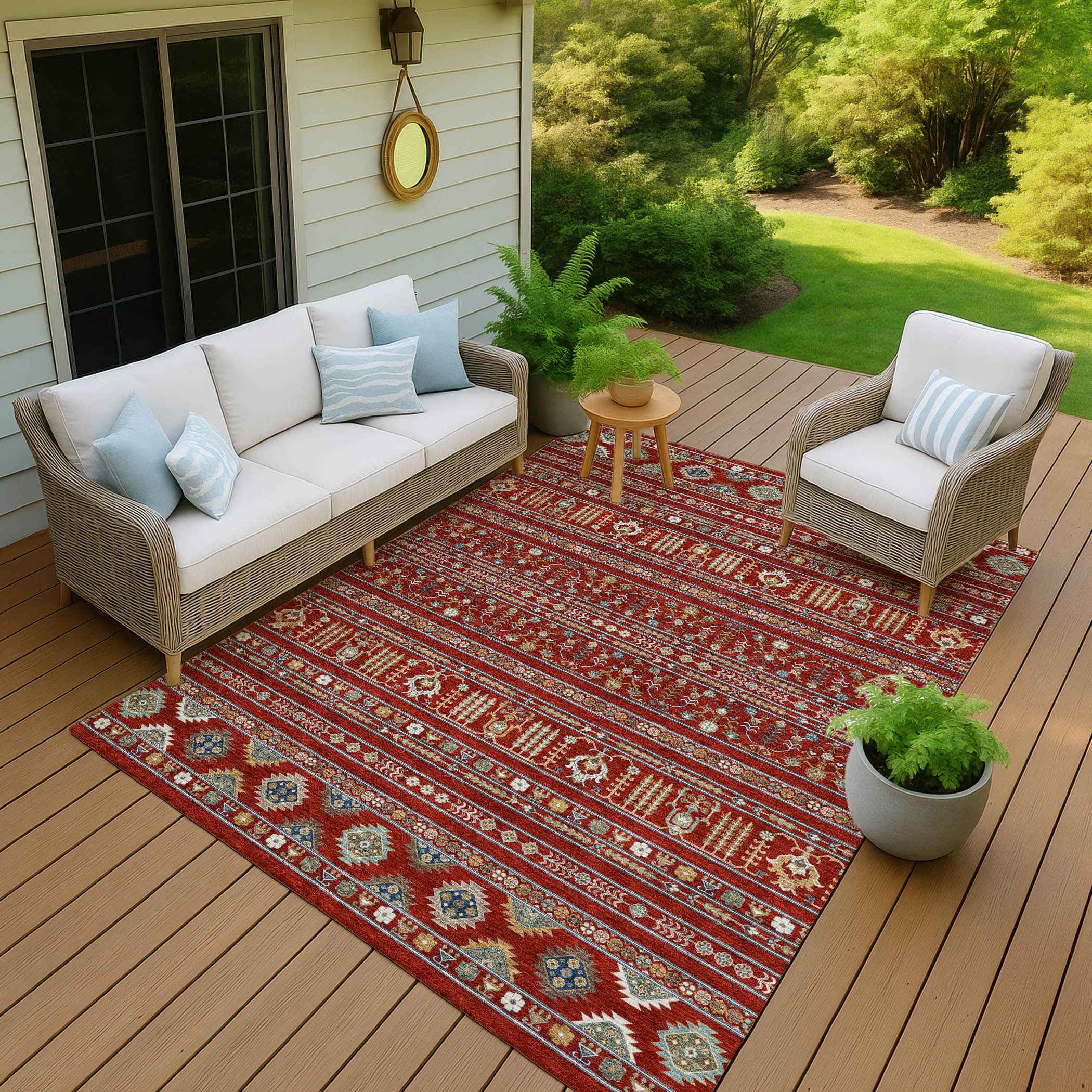 10' X 14' Red Gold And Blue Tribal Washable Indoor Outdoor Area Rug