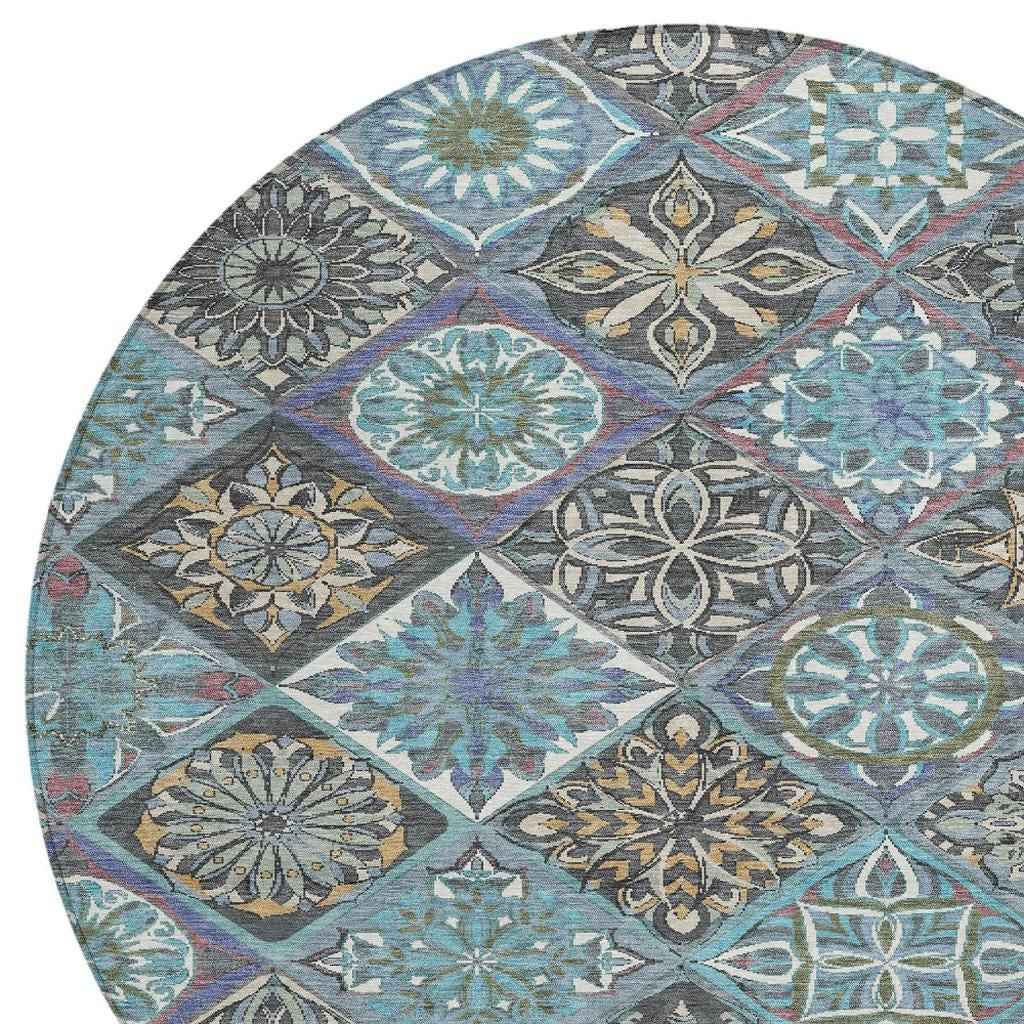 8' Teal Blue And Ivory Round Patchwork Washable Indoor Outdoor Area Rug