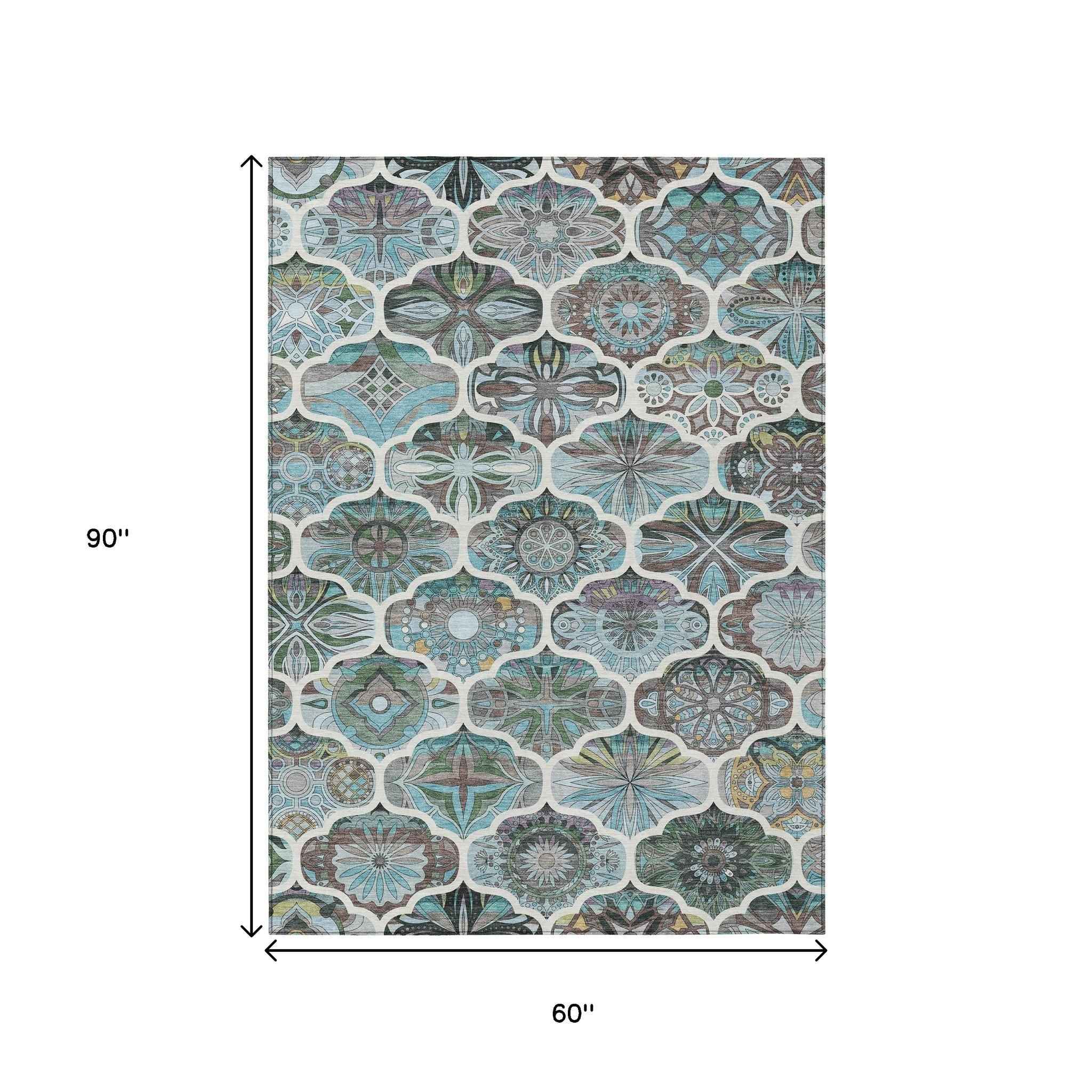 5' X 8' Teal Blue And Ivory Quatrefoil Washable Indoor Outdoor Area Rug