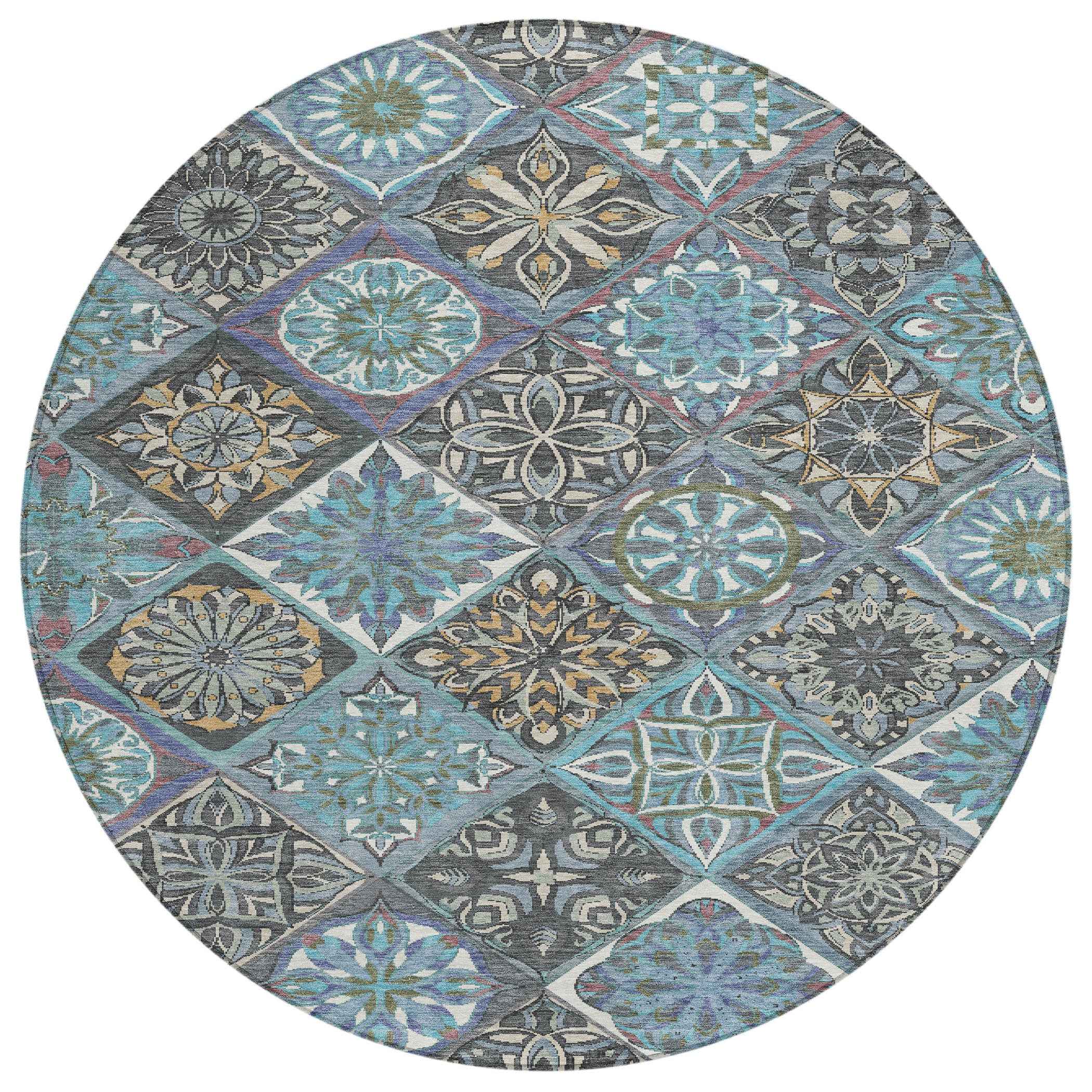 8' Teal Blue And Ivory Round Patchwork Washable Indoor Outdoor Area Rug
