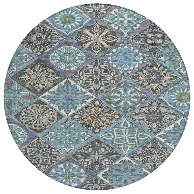 8' Teal Blue And Ivory Round Patchwork Washable Indoor Outdoor Area Rug