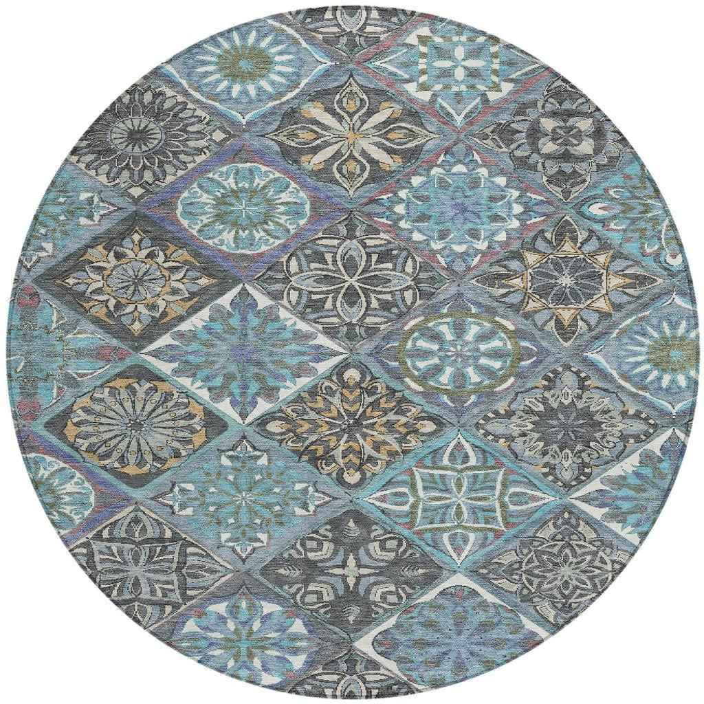 8' Teal Blue And Ivory Round Patchwork Washable Indoor Outdoor Area Rug