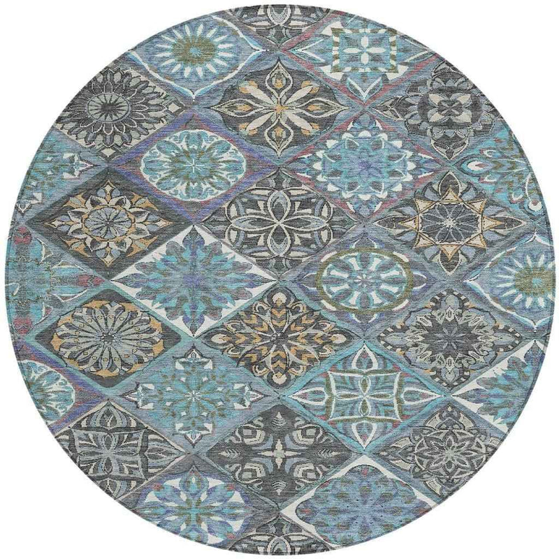 8' Teal Blue And Ivory Round Patchwork Washable Indoor Outdoor Area Rug