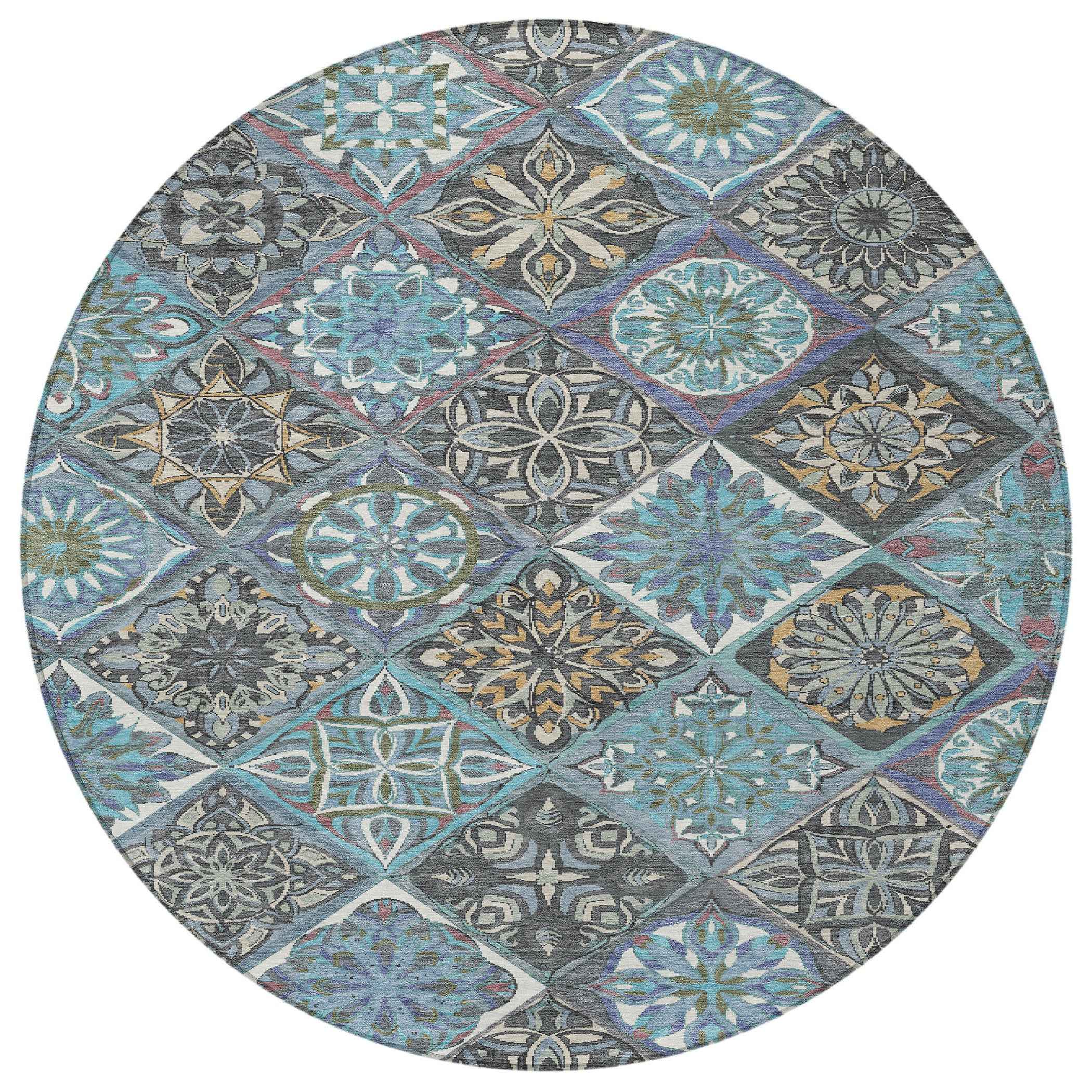 8' Teal Blue And Ivory Round Patchwork Washable Indoor Outdoor Area Rug
