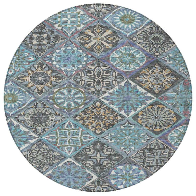 8' Teal Blue And Ivory Round Patchwork Washable Indoor Outdoor Area Rug