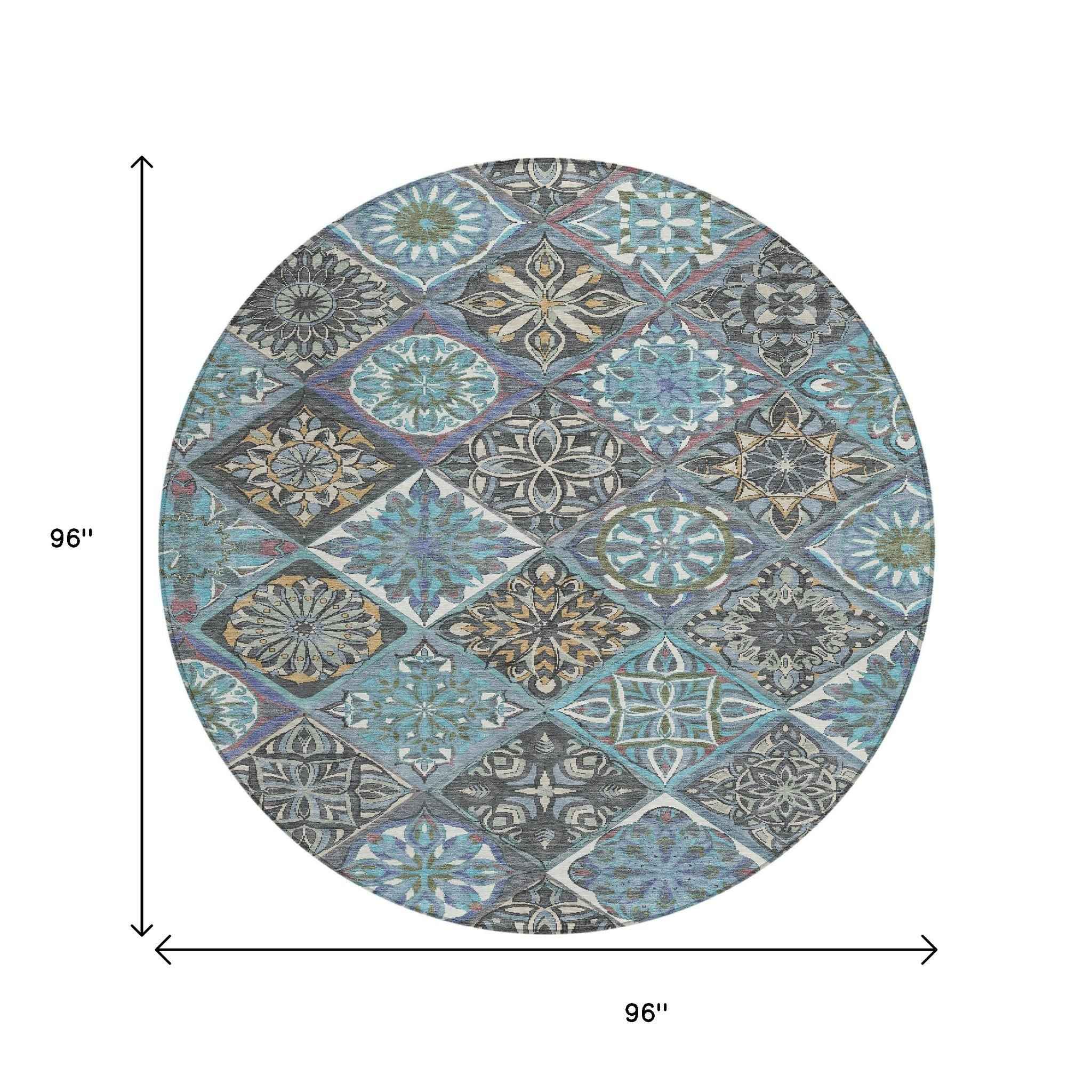 8' Teal Blue And Ivory Round Patchwork Washable Indoor Outdoor Area Rug