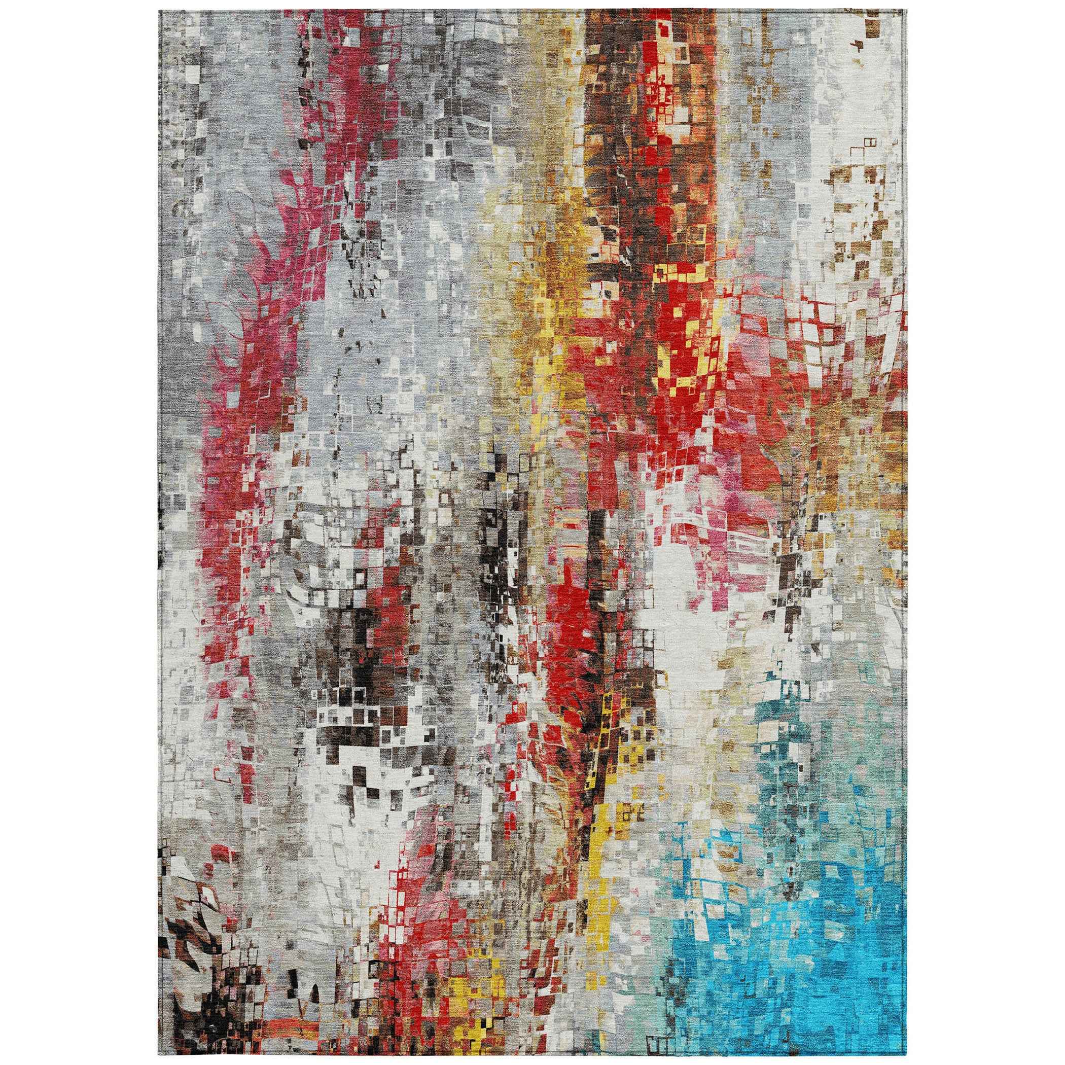 10' X 14' Silver Red Teal Blue And Ivory Abstract Washable Indoor Outdoor Area Rug
