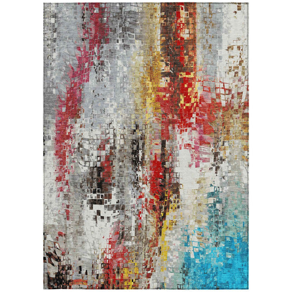 10' X 14' Silver Red Teal Blue And Ivory Abstract Washable Indoor Outdoor Area Rug