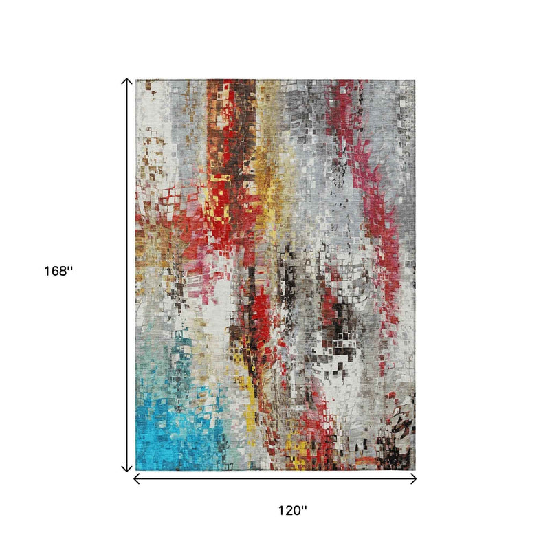 10' X 14' Silver Red Teal Blue And Ivory Abstract Washable Indoor Outdoor Area Rug